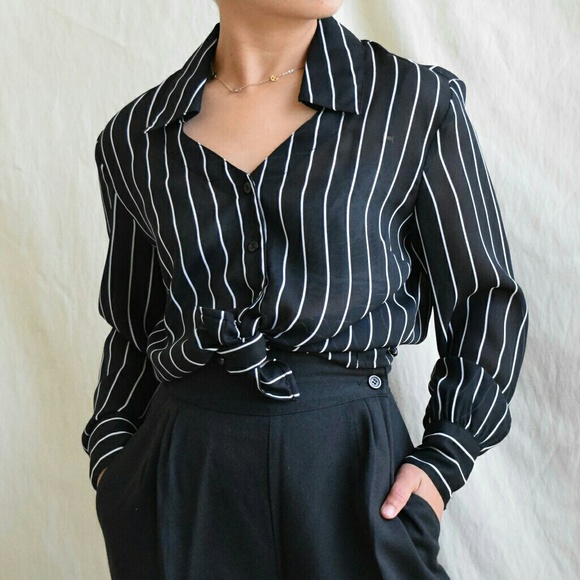 Classic black white sheer dress shirt Small - Picture 7 of 9